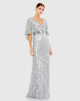 Silver Sequined V Neck Floral Embellished Cape Sleeve Gown